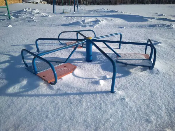 Children Playground Swings Winter Covered Snow Carousel Snowdrift — Stock Photo, Image
