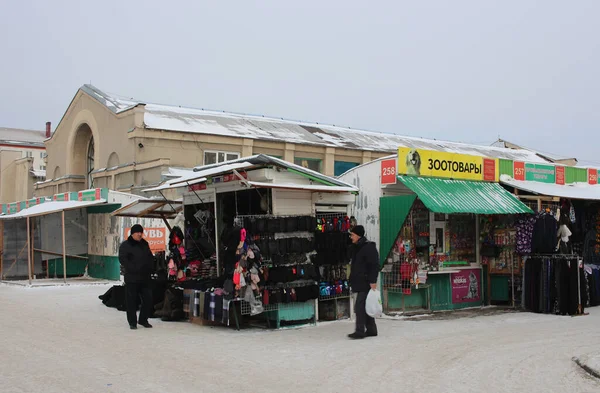 Russia Novosibirsk 2019 Shopping Street Pavilions Market Goods Open Kiosks — Stock Photo, Image