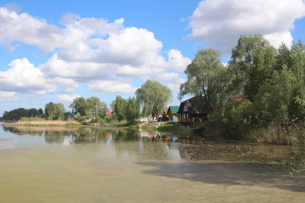 scenic view lake with grass overgrown swamp house on the beach in summer