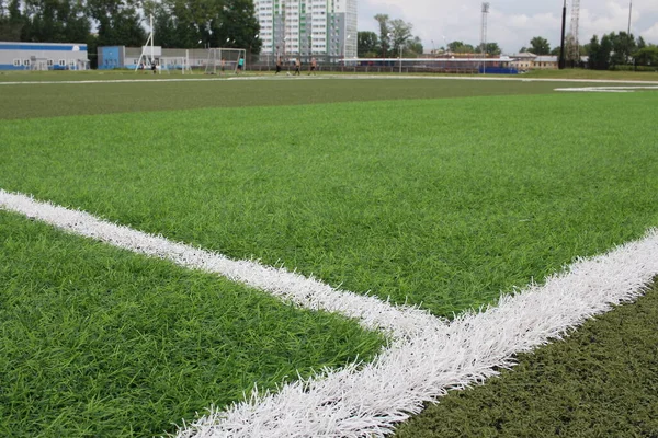 Имитация Зеленой Травы Футбольном Стадионе — стоковое фото