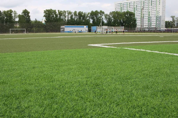 Künstliche Sportfläche Grünen Rasen Imitation Auf Dem Fußballstadion — Stockfoto