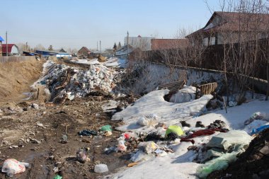 Rusya, Novosibirsk 01.04.2020: Köydeki çöp yığını hijyenik olmayan ev atıkları
