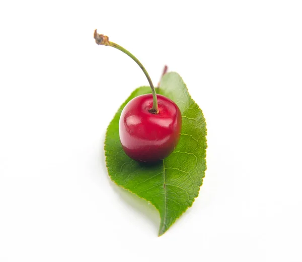 Cherry berry na piękny liść na białym tle na biały ba w kształcie serca — Zdjęcie stockowe