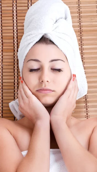 Mask, massage of face for woman in spa salon — Stock Photo, Image