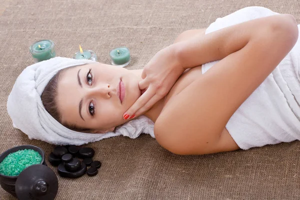 Mask, massage of face for woman in spa salon — Stock Photo, Image