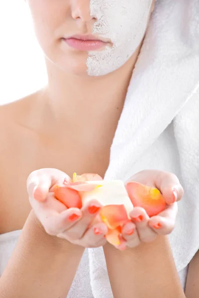 Spa woman isolated - clean skin with mask and lather, soap in ha — Stock Photo, Image