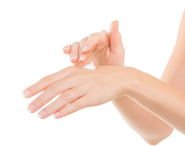 Güzel genç kadın el kremi, üzerinde beyaz izole