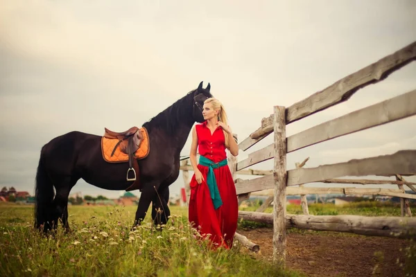 Schöne junge Frau mit einem Pferd im Freien — Stockfoto