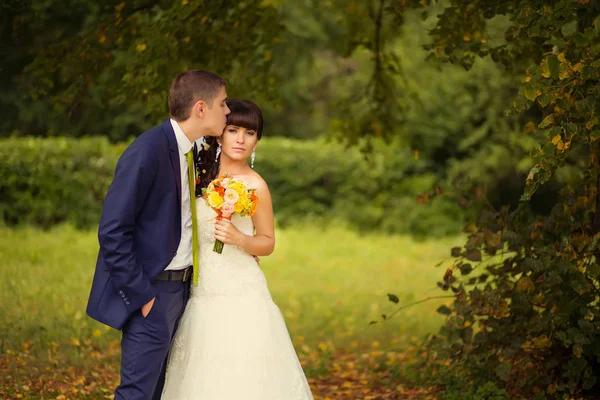 Bruidspaar, mooie jonge bruid en bruidegom permanent in een pa — Stockfoto