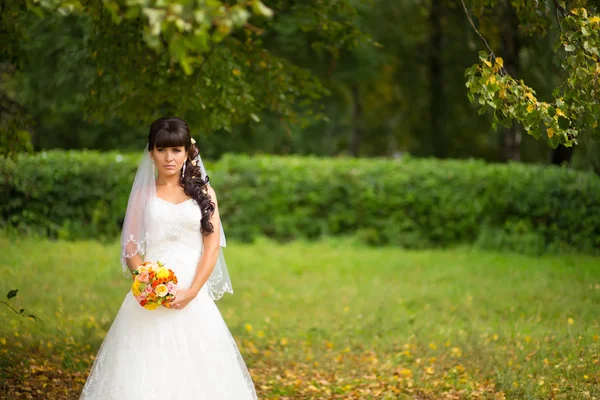 Bella giovane sposa in piedi in un parco e sorridente — Foto Stock