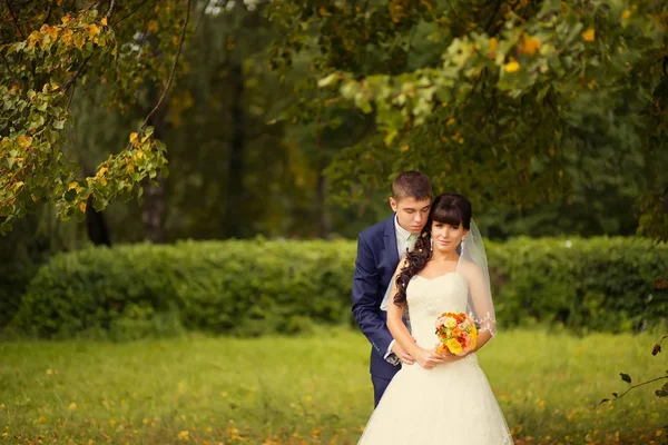 Bröllopsparet, vackra unga bruden och brudgummen står i en pa — Stockfoto