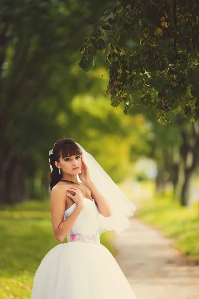 Beautiful bride outdoors in a forest. — Stock Photo, Image