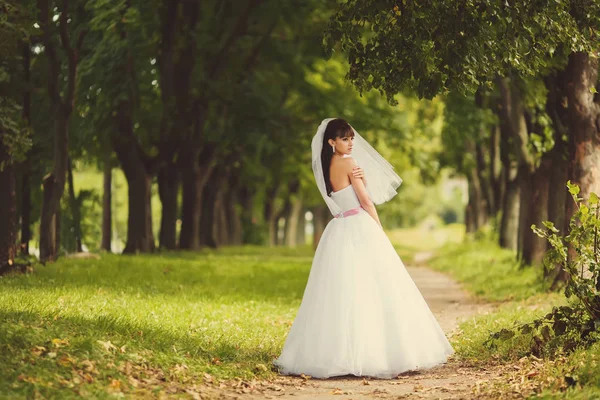 Belle mariée en plein air dans une forêt . — Photo