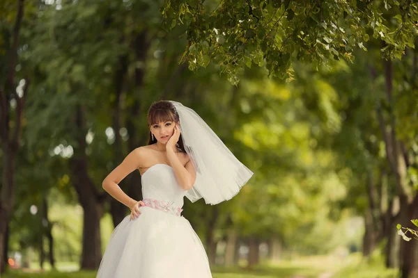 Bella sposa all'aperto in una foresta . Fotografia Stock