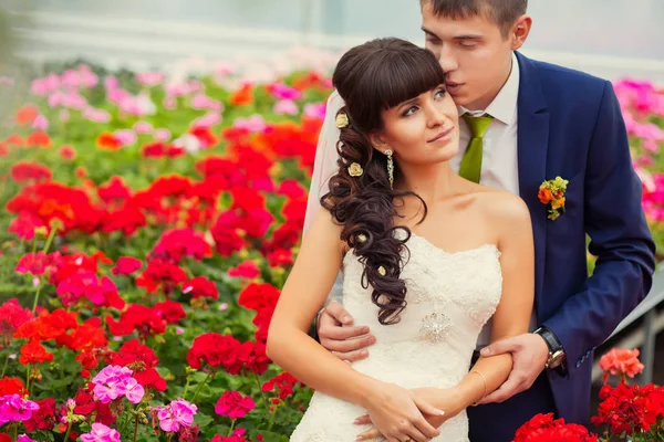 Egy fiatal pár, a love menyasszony és a vőlegény, esküvői nyári nap. E — Stock Fotó