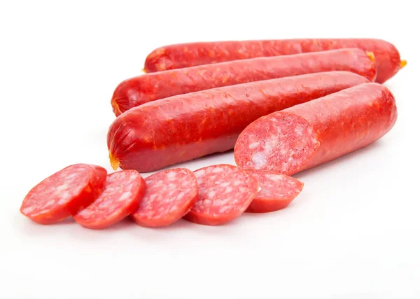 Smoked sausages isolated on white background — Stock Photo, Image