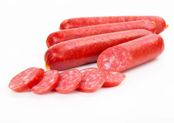 Saucisses fumées isolées sur fond blanc — Photo