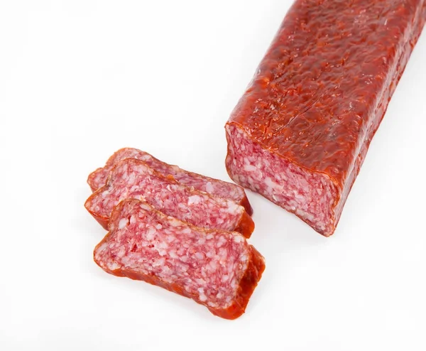 Slices italian salami sausage on white background — Stock Photo, Image