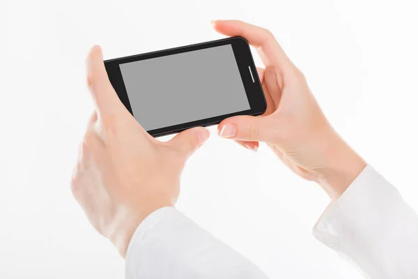 Female hand is holding a modern touch screen phone. Screen is cu — Stock Photo, Image