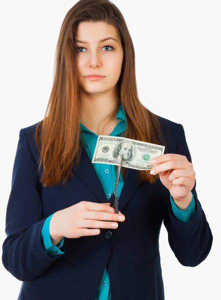 Business woman with scissors cutting money isolated on white bac — Stock Photo, Image