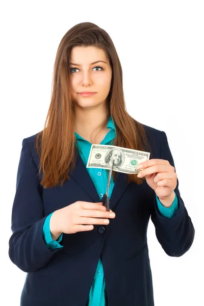 Business woman with scissors cutting money isolated on white bac — Stock Photo, Image