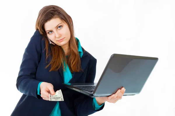 Retrato de uma jovem mulher de negócios feliz com um laptop e mobil — Fotografia de Stock