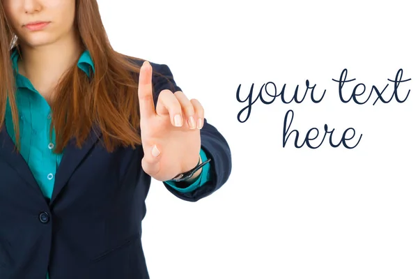 Business woman pointing her finger on imaginery virtual button — Stock Photo, Image