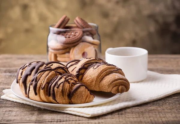 Breakfast Coffee Cookies Croissants Wooden Table — Stock Photo, Image