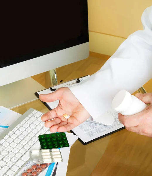 Close Doctor Hands Holding Pills Bottle Workplace Background — Stock Photo, Image