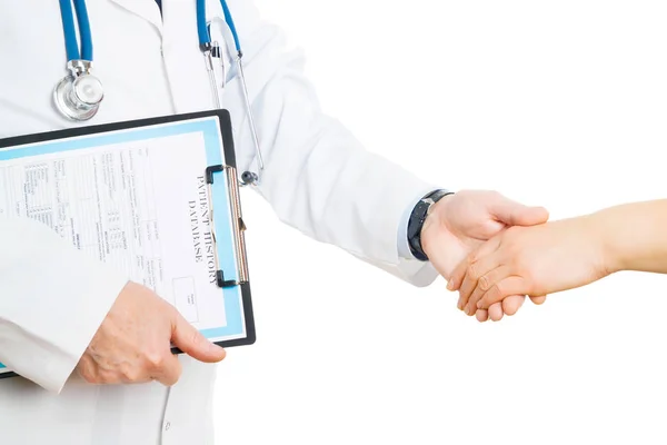 Doctor Shaking Woman Hand Greeting Successful Outcome — Stock Photo, Image