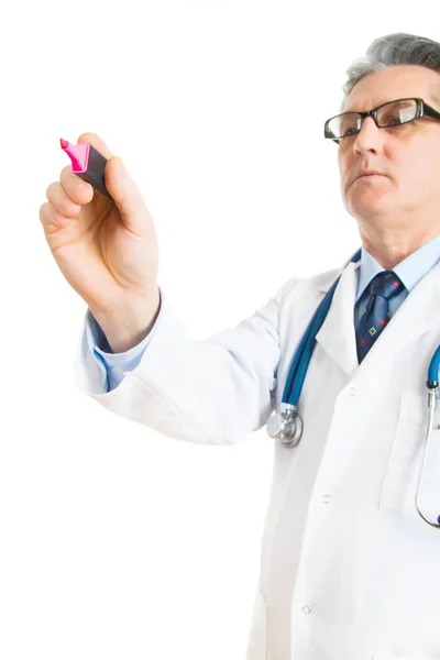 Erkek Doktor Stetoskop Önünde Beyaz Arka Plan Üzerinde Izole Işareti — Stok fotoğraf