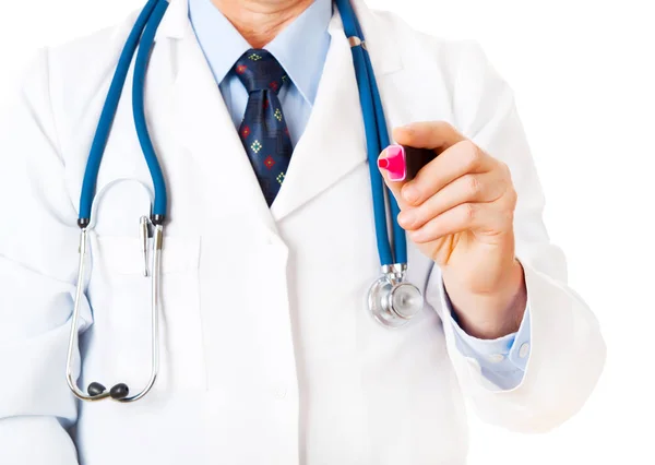 Lekarz Stetoskop Posiadających Marker Przed Nim Białym Tle — Zdjęcie stockowe