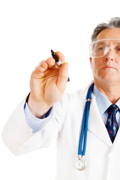 Αρσενικό Γιατρός Στηθοσκόπιο Επιστήμονας Γυαλιά Κρατώντας Δείκτη Μπροστά Του Απομονώνονται — Φωτογραφία Αρχείου