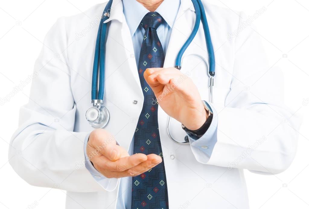 close-up of male doctor holding empty opened hands in front of him, advertisement concept