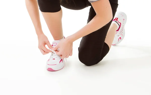 Woman Tying Laces Isolated White Background — Stock Photo, Image