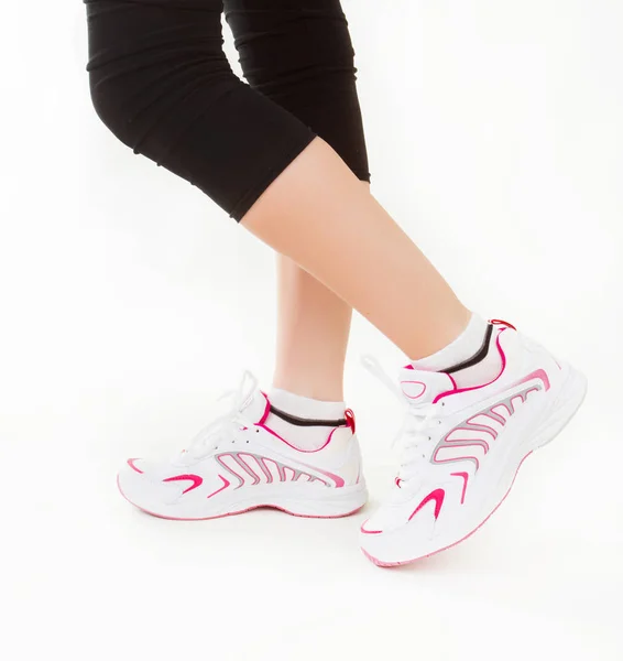 Fitness Füße Der Joggenden Person Auf Weißem Hintergrund — Stockfoto