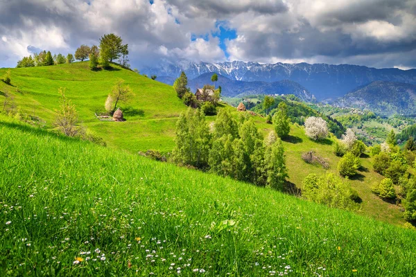 Frühlingslandschaft mit ländlichem Dorf, Pestera, Siebenbürgen, Rumänien, Europa — Stockfoto
