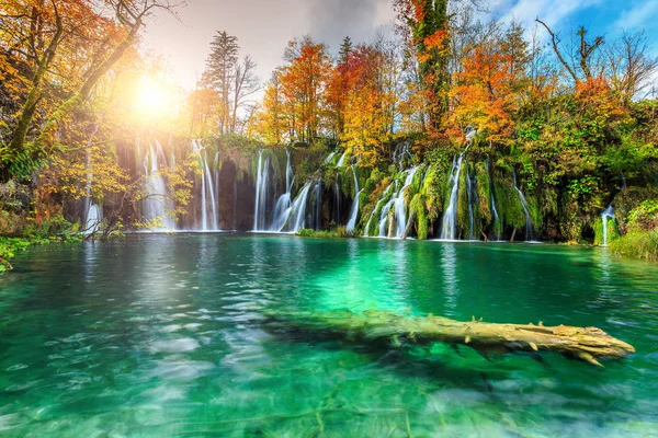 Renkli aututmn yatay, şelaleler Plitvice Milli Parkı, Hırvatistan