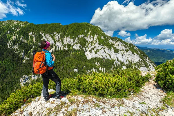 カルパティア山脈、ピアトラ Craiului 山、ルーマニア ・ トランシルバニアのスポーティなハイカー女性 — ストック写真