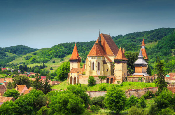 Spectacular Transylvanian touristic village with saxon fortified church, Biertan, Romania 