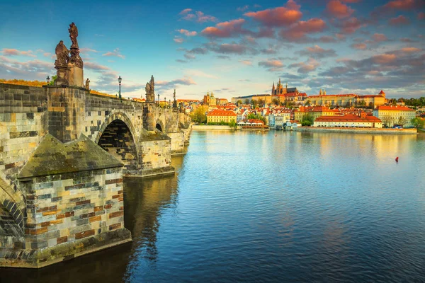 すばらしい中世石カレル橋とプラハ、チェコ共和国の城、 — ストック写真