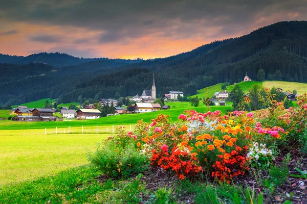 Alpejskie krajobrazy wiosna z kolorowych kwiatów i zielone pola, Austria — Zdjęcie stockowe