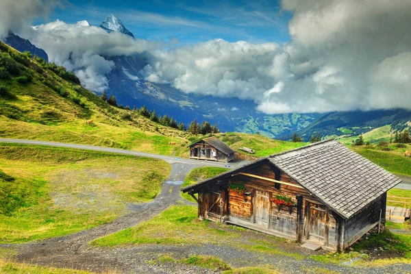 Tipikus svájci alpesi parasztházak és a havas hegyek, Bernese Oberland, Svájc — Stock Fotó