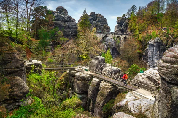 Famous stone formations with Bastei bridge in Germany, Saxon Switzerland — Stock Photo, Image