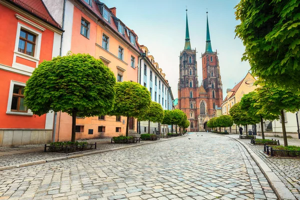 Antiguo panorama callejero de Wroclaw con la catedral de San Juan, Polonia —  Fotos de Stock