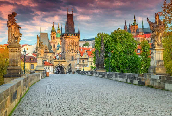 壮大な中世石彫像、プラハ、チェコ共和国とカレル橋 — ストック写真