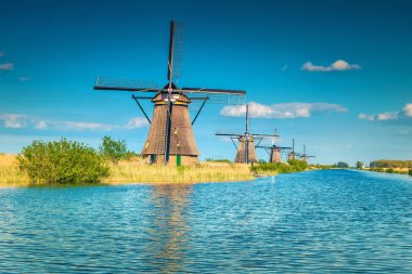 Hollanda Kinderdijk Müzesi 'ndeki göl kıyısındaki ahşap yel değirmenleri.