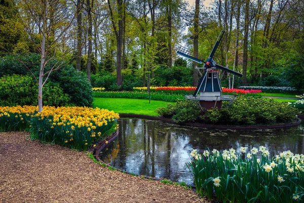 Prachtig park versierd met kleurrijke tulpen en lentebloemen, Nederland — Stockfoto