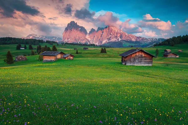 Seiser Alm med Langkofel bergsgrupp i bakgrunden, Dolomiter, Italien — Stockfoto