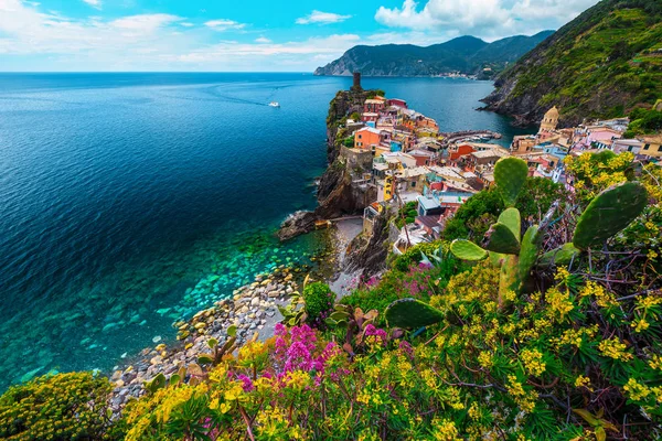 Pittoreska Vernazza byn och färgglada medelhavsblommor, Cinque Terre, Italien — Stockfoto